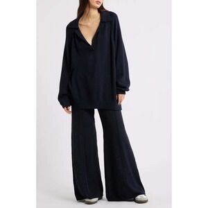 Free People Free-Est Navy Blue Cotton Oversized Polo Sweater V-Neck XS OB1516053
